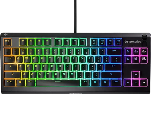 מקלדת גיימינג steelseries עם תאורת RGB עמיד למים עברית אנגלית Apex 3 TKL צבע שחור