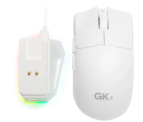 עכבר גיימינג אלחוטי נטען עם תאורת GK7 RGB כולל בסיס טעינה, בצבע לבן