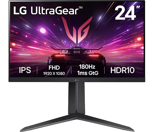 מסך גיימינג 23.8 אינץ LG UltraGear – קצב רענון 180Hz – רזולוציה FHD – פאנל IPS – תומך HDR10 – דגם 24GS65F-B