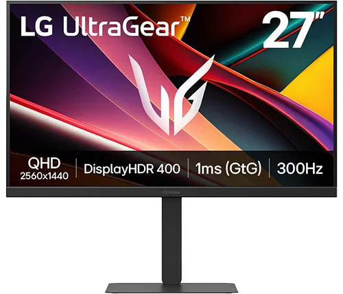 מסך גיימינג 27 אינץ LG UltraGear G6 – קצב רענון 300Hz – רזולוציה QHD – פאנל IPS – תומך DisplayHDR 400 – דגם 27G640A-B