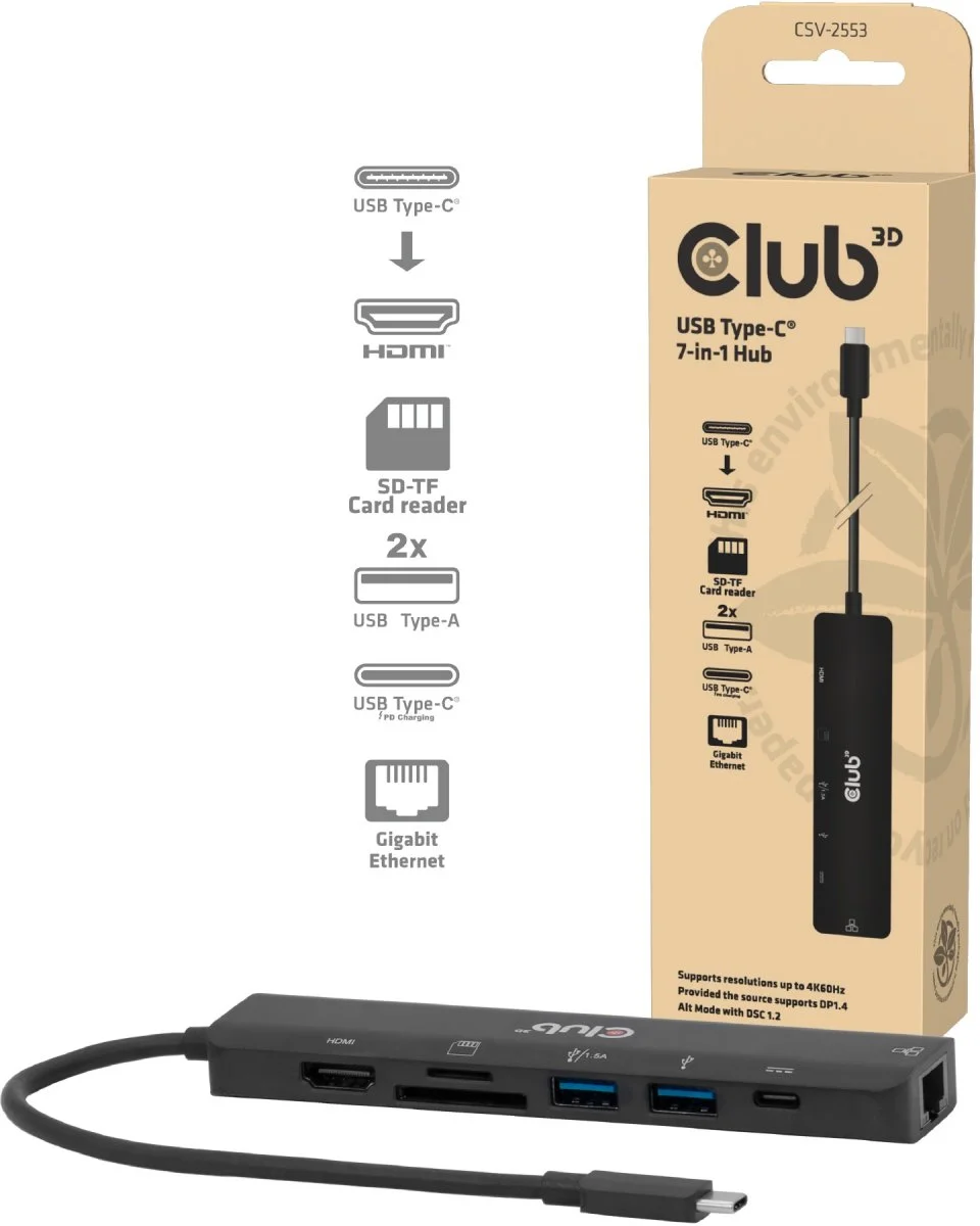מתאם Club 3D USB Type-C 7-in-1 מחיבור USB Type-C לחיבור 1xHDMI, 2xUSB-A, 1xMircoSD/SD, 1xRJ45 1Gbps, 1xUSB-C PD3.0 100W