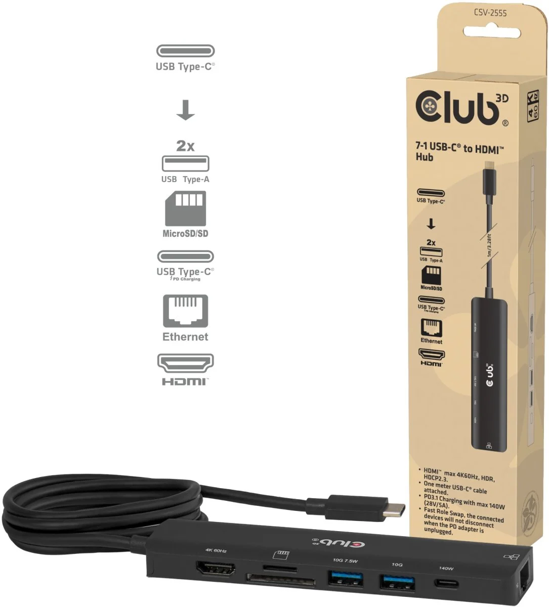 תחנת עגינה 7 ב-1 בחיבור USB-C עם תמיכה ברזולוציה של 4K 60Hz ו-Power Delivery 3.1 של עד כ-140W דגם CSV-2555 מבית Club3D