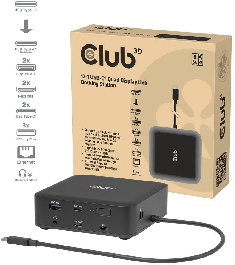 תחנת עגינה 12 ב-1 בחיבור USB-C עם חיבורי 2x DisplayPort 2x HDMI PD3.0 100W 2.5G Ethernet דגם CSV-2542 מבית Club3D