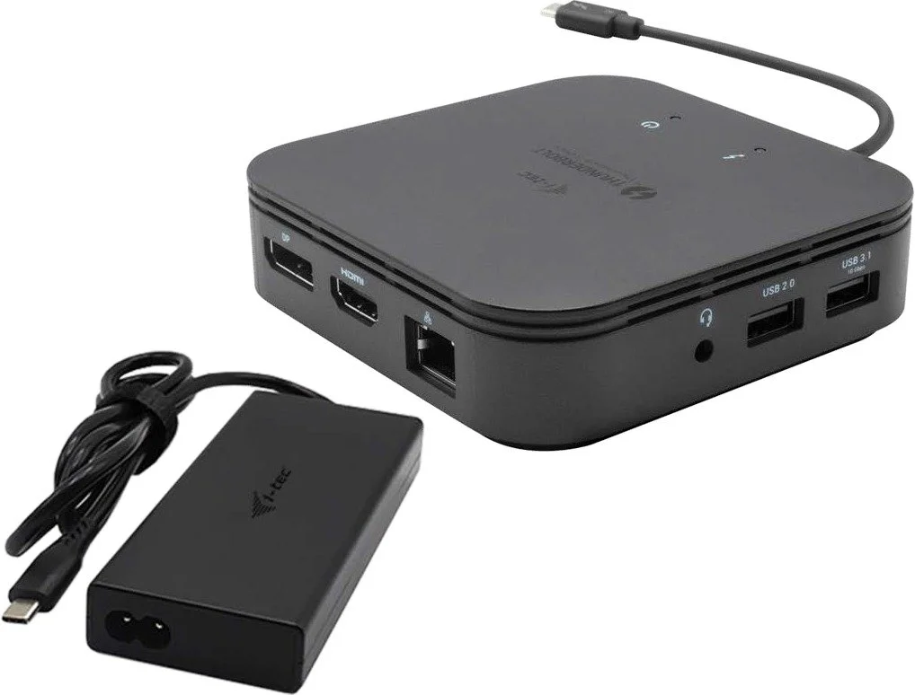 תחנת עגינה בחיבור Thunderbolt 3 תומכת בטעינה עד 60W, חיבור רשת קווי ותמיכה בעד 2 מסכים כולל מתאם מתח i-tec TB3TRAVELDOCKPD60W 77W