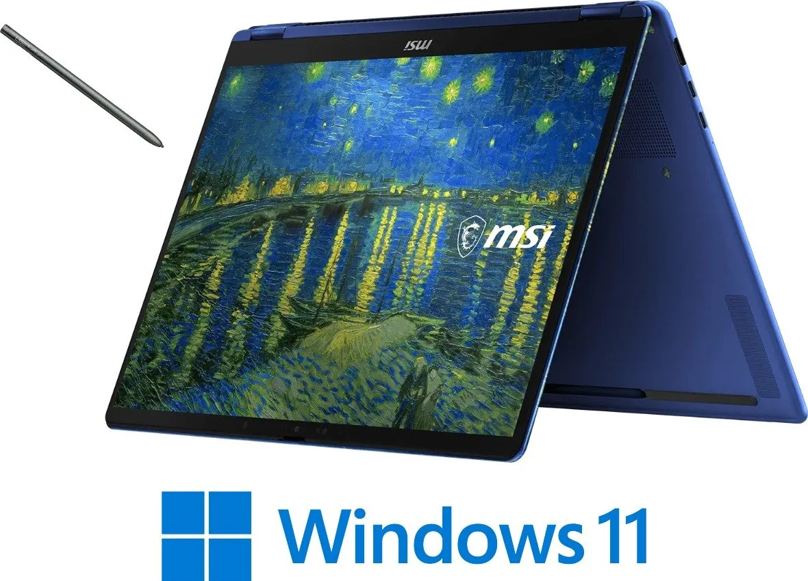 מחשב נייד כולל מסך מגע MSI Prestige 14 Flip AI+ Rhone-411ILY - מהדורת Vincent van Gogh - בעיצוב Starry Night Over the Rhone - עט MSI Nano Pen, עכבר Bluetooth, משטח לעכבר, תג זיהוי, נרתיק נשיאה, בד הגנה למקלדת, כלולים בתוך האריזה