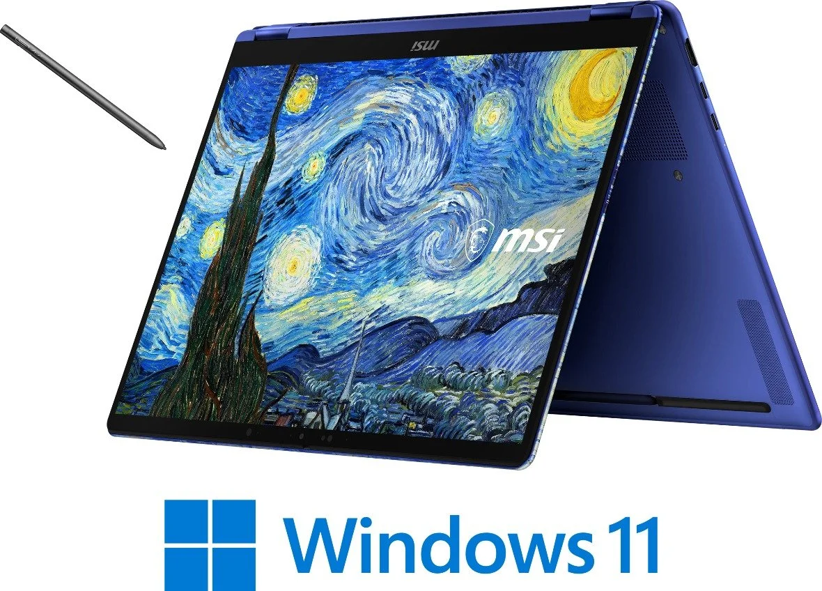 מחשב נייד כולל מסך מגע MSI Prestige 14 Flip AI+ Night-410ILY - מהדורת Vincent van Gogh - בעיצוב The Starry Night - עט MSI Nano Pen, עכבר Bluetooth, משטח לעכבר, תג זיהוי, נרתיק נשיאה, בד הגנה למקלדת, כלולים בתוך האריזה