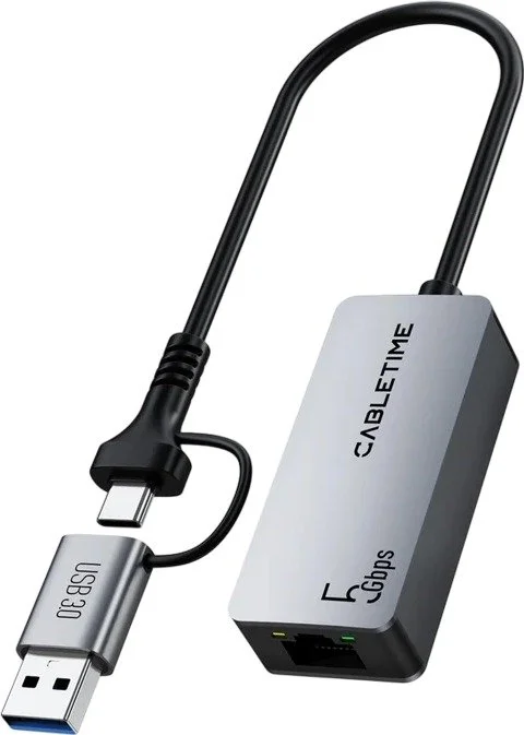 מתאם USB-C / USB-A לחיבור רשת RJ45 במהירות עד 5Gbps דגם CBL5G מבית Cable Time