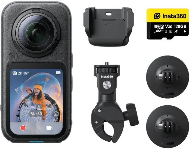 ערכת מצלמת אקסטרים Insta360 X6 Motorcycle Bundle - צבע Midnight Black עם כרטיס זיכרון בנפח 128GB, קלאמפ, תושבות דביקות ומתאמים