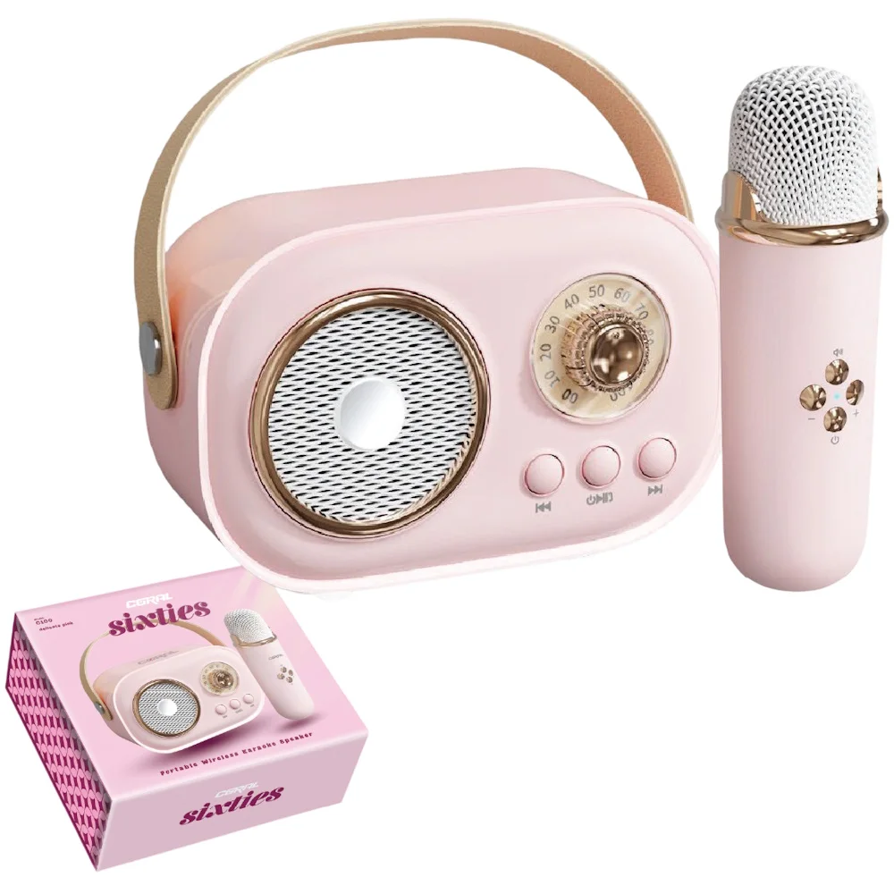 רמקול קריוקי נייד כולל מיקרופון Coral קורל Sixties C100 ורוד